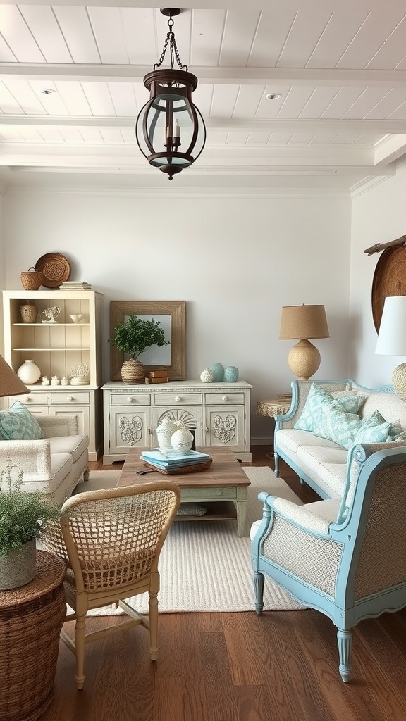 A vintage coastal living room featuring light furniture, a woven chair, and decorative elements.