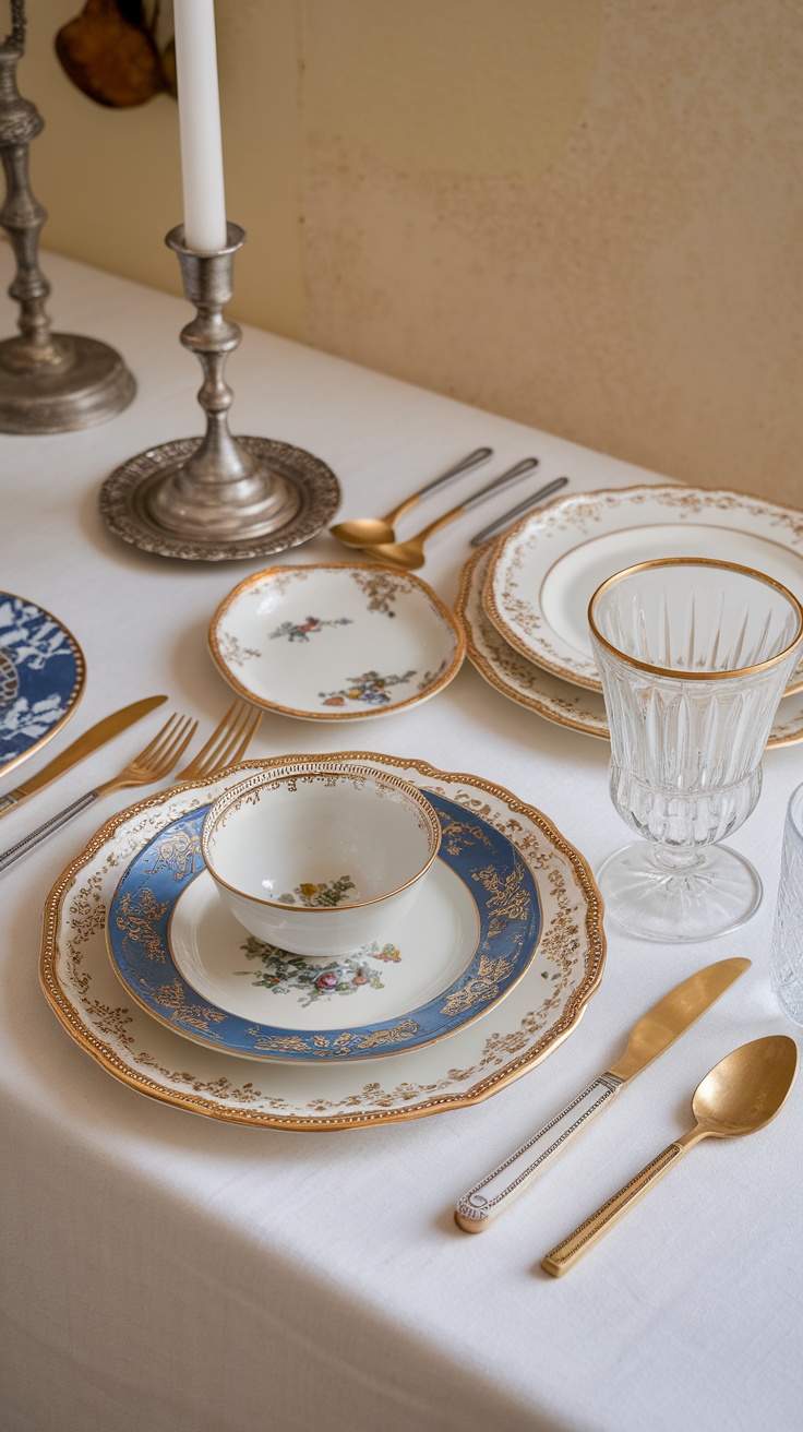 A beautifully arranged vintage dishware set with various plates and utensils on a table.