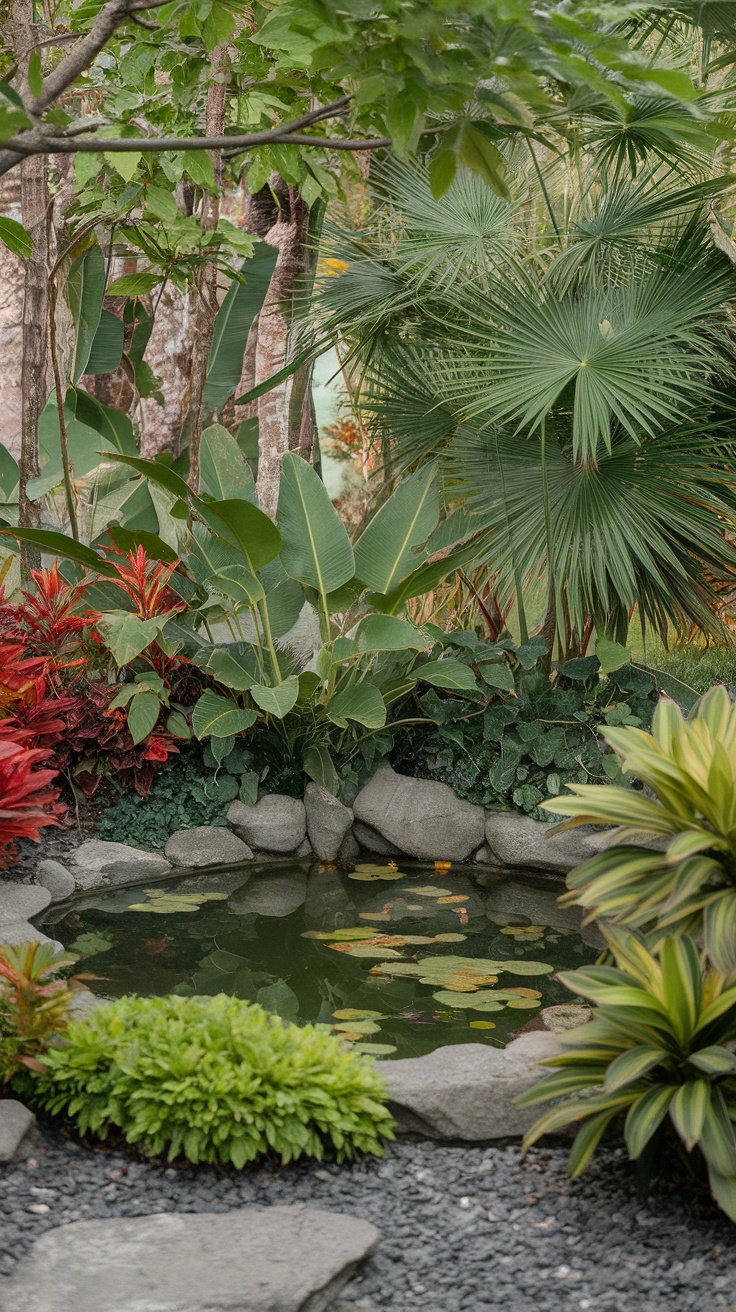 A serene tropical garden featuring a pond surrounded by vibrant plants.