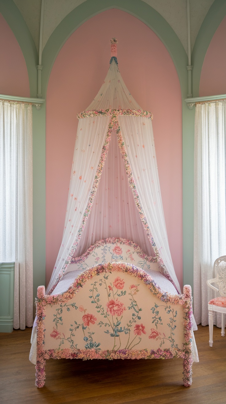 Whimsical floral canopy bed with pastel colors and delicate floral details.