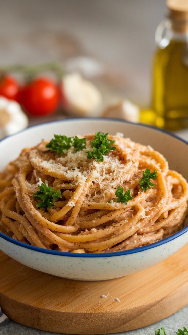 A bowl of whole wheat pasta topped with olive oil, garlic, and parmesan cheese, with fresh herbs and garlic in the background.