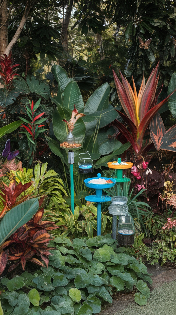 A colorful tropical garden with bird feeders and lush greenery.