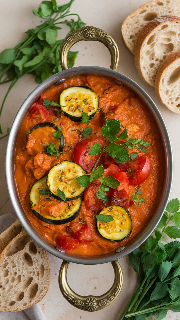 A bowl of Zucchini and Tomato Curry with sliced zucchini, tomatoes, and herbs, served with slices of bread on the side.