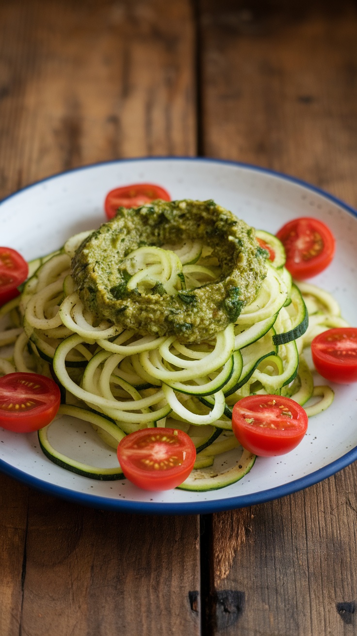 A plate of zucchini noodles topped with pesto and cherry tomatoes.