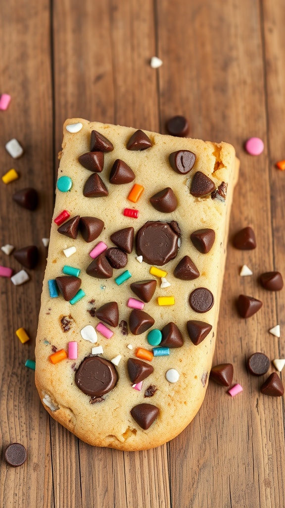 Delicious celebration confetti cookie bars topped with chocolate chips and colorful sprinkles.