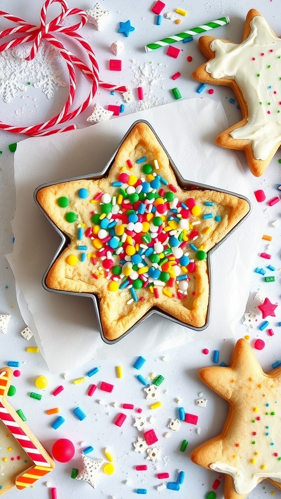 Star-shaped cookie bars topped with colorful sprinkles, surrounded by festive candy and decorations.