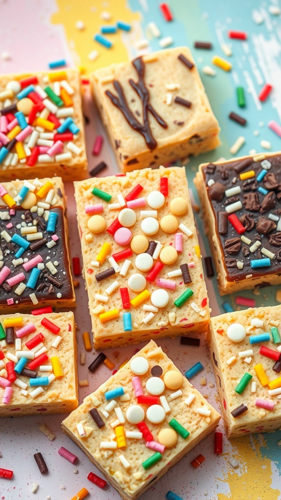 Colorful celebration confetti cookie bars topped with various sprinkles