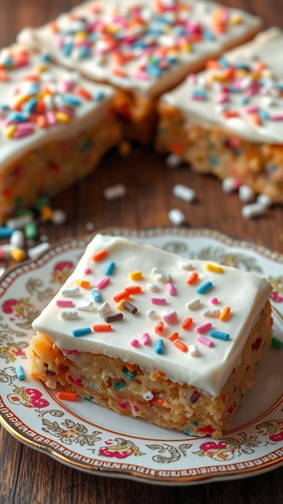 A close-up of Celebration Confetti Cookie Bars topped with creamy frosting and colorful sprinkles.