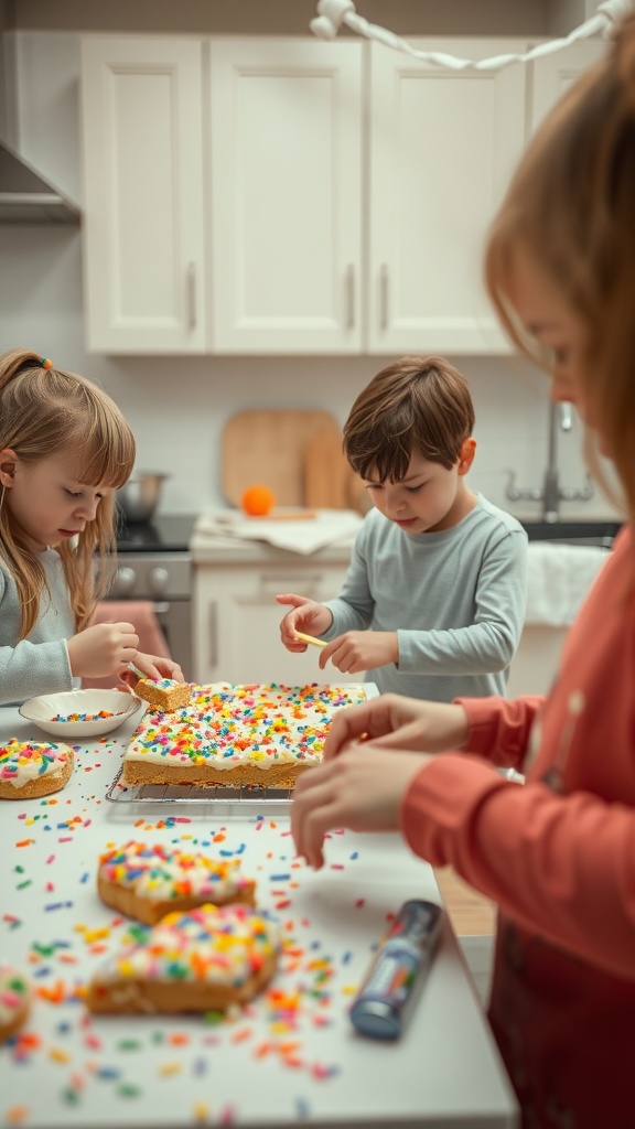 Children decorating celebration confetti cookie bars with colorful sprinkles in a kitchen.