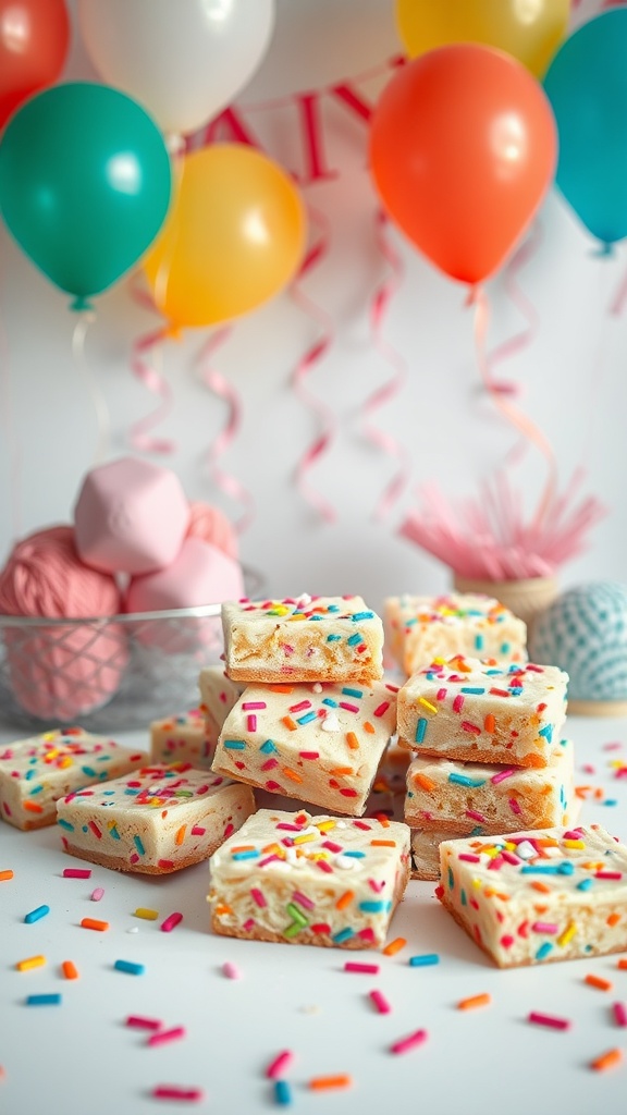 Colorful confetti cookie bars stacked with party decorations in the background