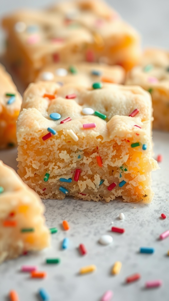 Close-up of Celebration Confetti Cookie Bars with colorful sprinkles