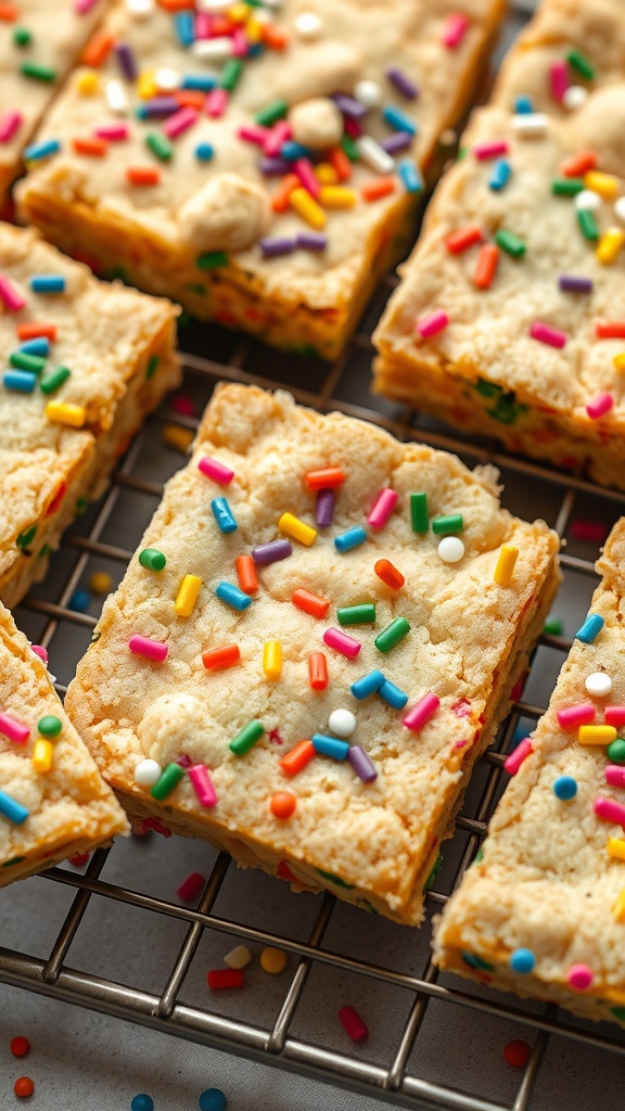 Close-up of confetti cookie bars topped with colorful sprinkles