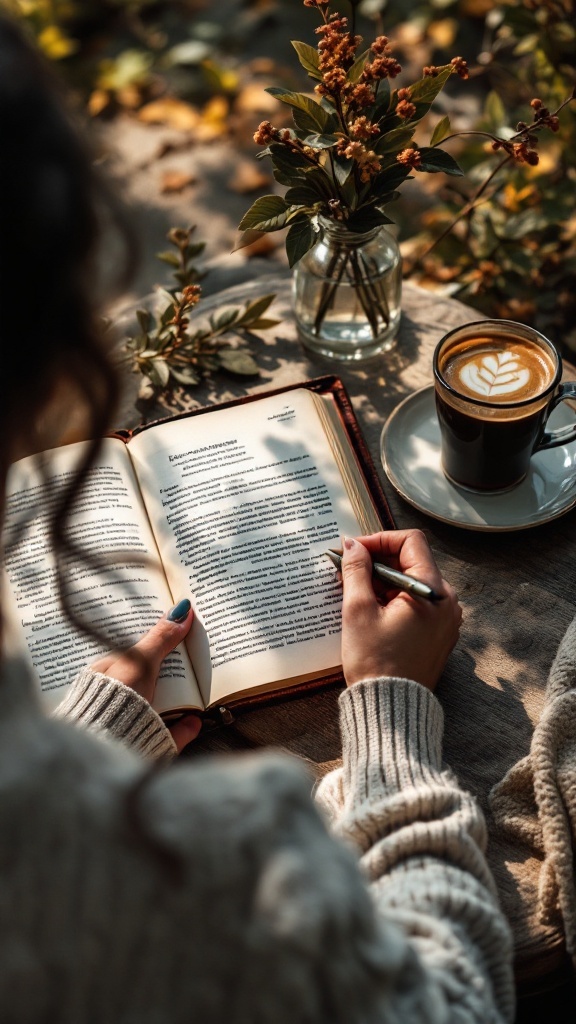 A person reading a book with a cup of coffee and flowers on a table