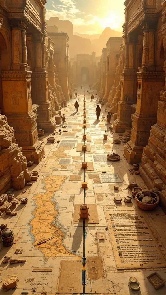 A scenic view of ancient ruins with a pathway and artifacts, representing historical context.