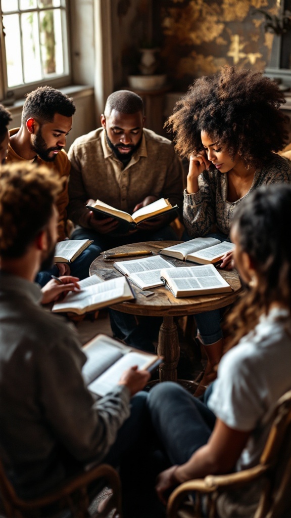A group of people engaged in a Bible study discussion around a table.