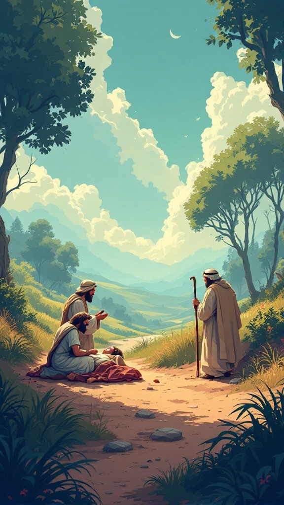 A scene depicting a biblical parable with figures in a peaceful, natural setting.