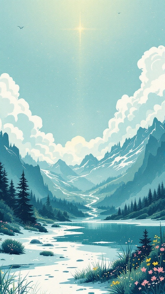 A serene mountain landscape with a river and cloudy skies, symbolizing reflection and spiritual growth.