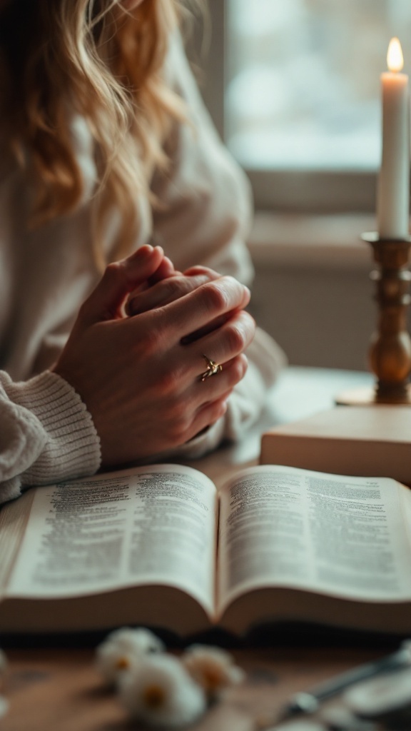 A person with clasped hands in prayer, sitting near an open Bible and a candle.