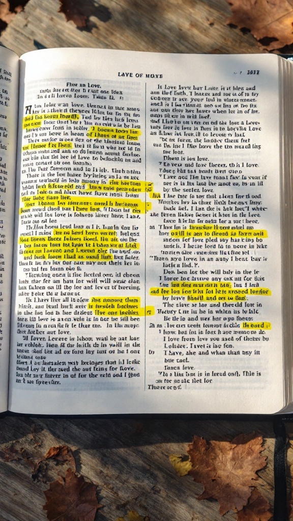 Open Bible with highlighted verses on love, surrounded by autumn leaves.