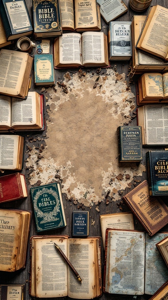 A collection of various Bible study books and notes arranged on a wooden table.