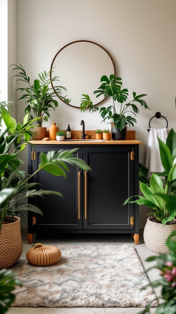 A stylish black bathroom cabinet with greenery and decorative accents, including a round mirror and terracotta pots