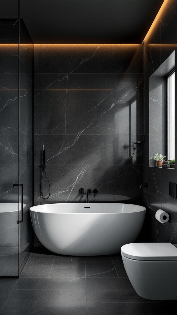 Modern bathroom featuring black marble walls, a freestanding white tub, and gray accents.