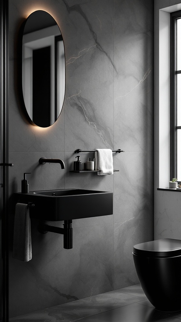 A modern bathroom featuring a black sink, toilet, and oval illuminated mirror against gray marble walls.