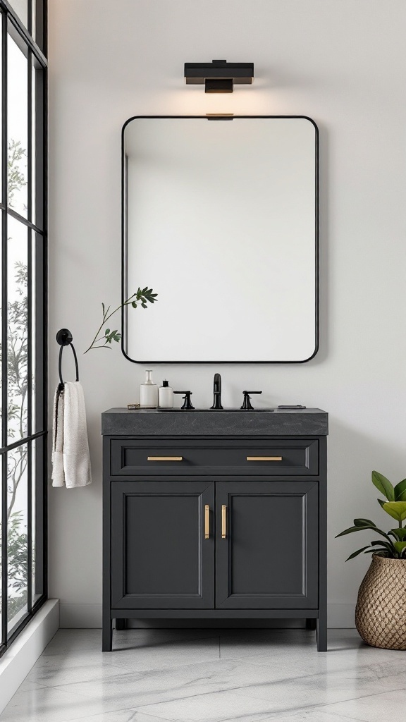 Modern black bathroom cabinet with light walls and stylish decor