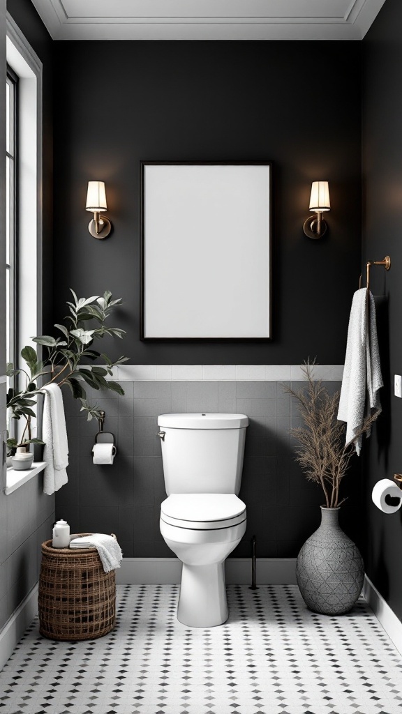 A stylish black and white bathroom featuring a white toilet, black walls, and geometric floor tiles.