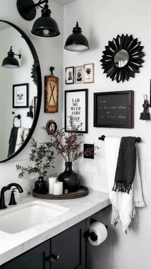 A stylish bathroom featuring black decor accessories, framed art, and plants.