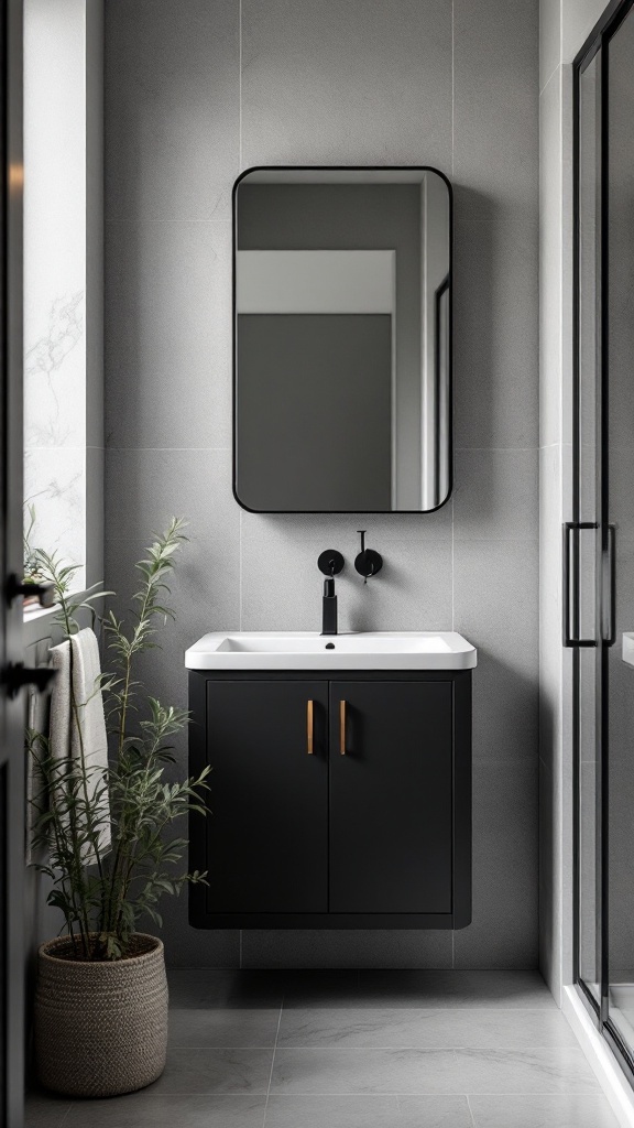 A modern black bathroom cabinet with a white sink, gold handles, and a mirror above it in a small bathroom.