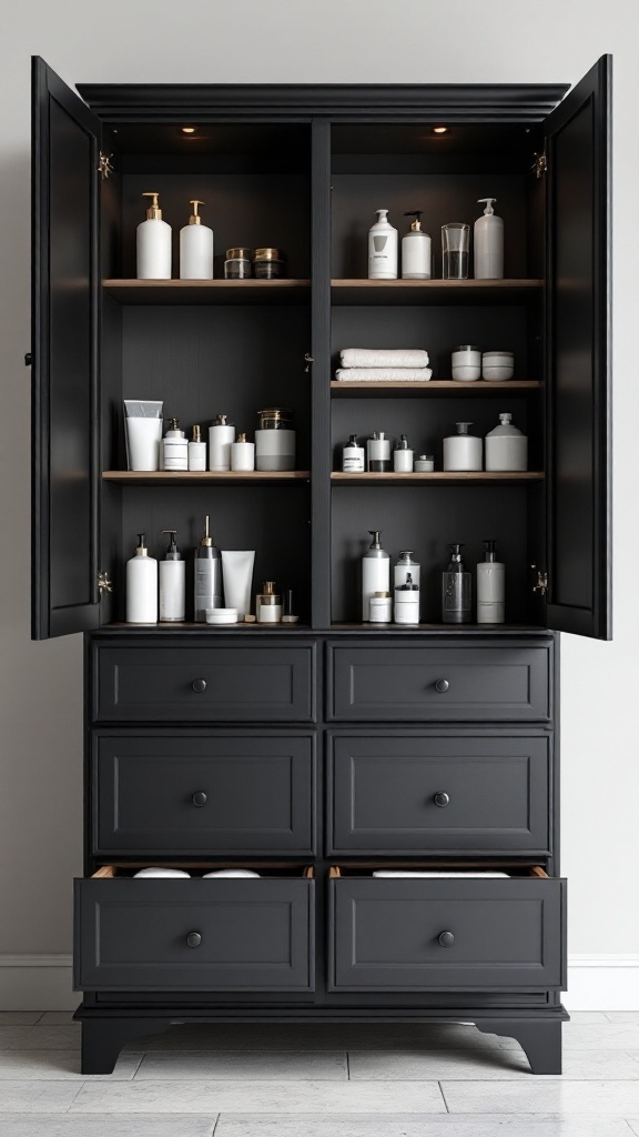 A black bathroom cabinet with open shelves and drawers, storing various toiletries and towels.