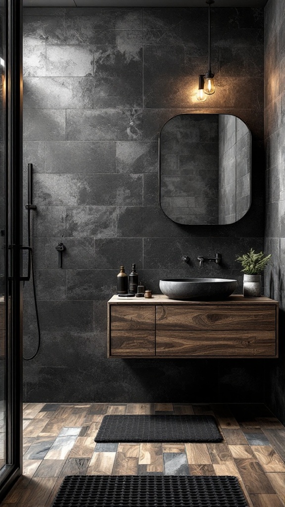 A stylish industrial bathroom featuring black tiles, wood elements, and modern fixtures.