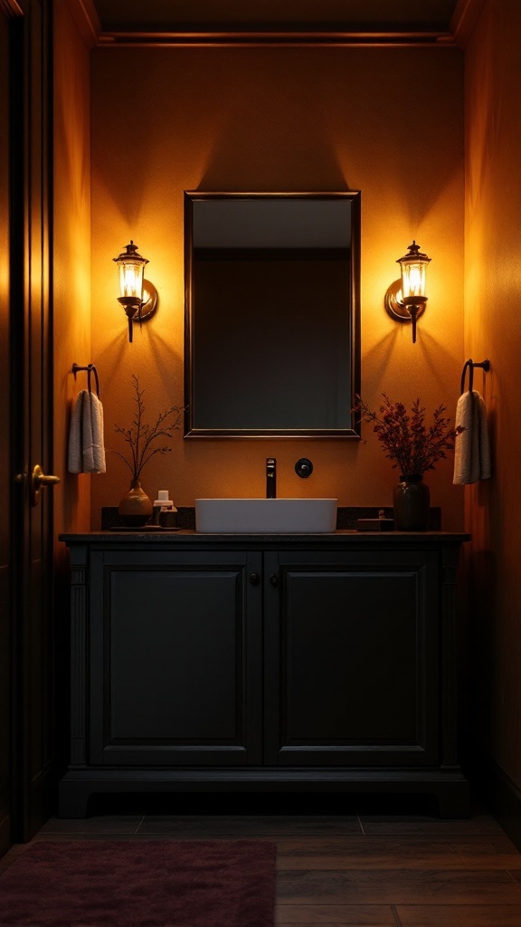 A dark bathroom with black cabinets, warm lighting, and decorative elements.