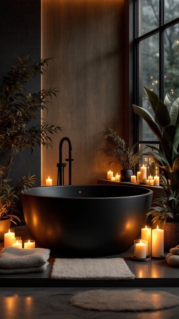 A black bathtub surrounded by candles and plants, creating a calming bathroom oasis.