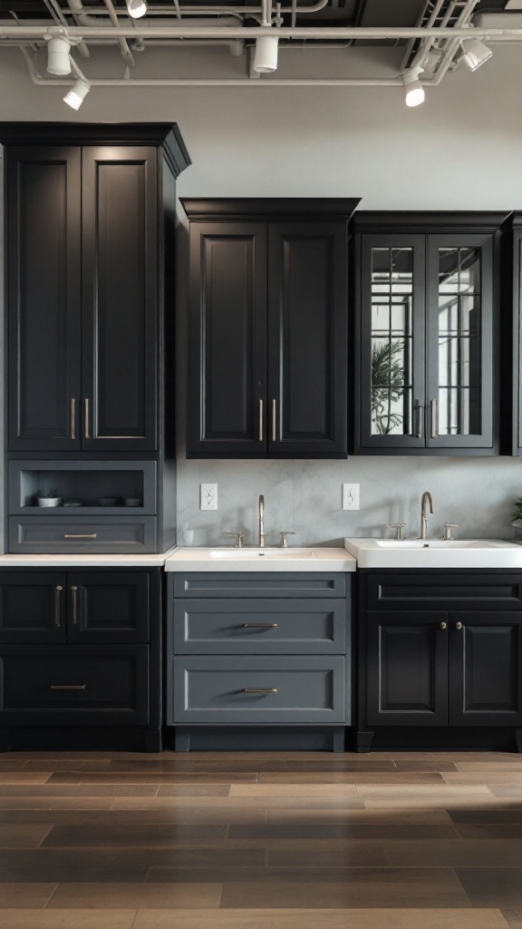 Black bathroom cabinets with various finishes and styles, showcasing durability and modern design.