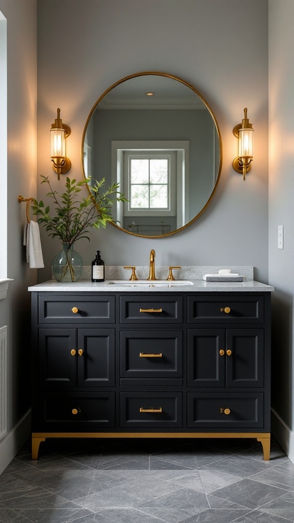 A modern bathroom featuring a matte black vanity with gold hardware, round mirror, and warm lighting.