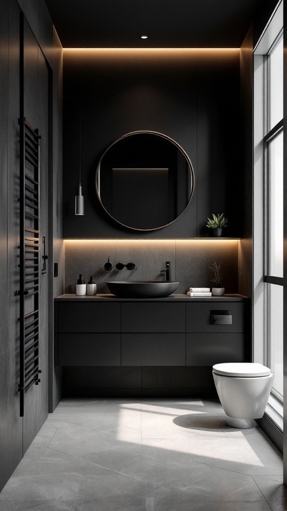 A minimalist black bathroom featuring a wooden cabinet, round mirror, and stylish toilet.