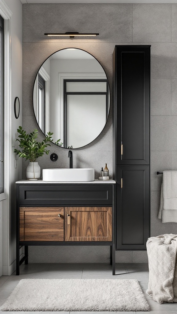 Modern bathroom with black cabinets and wooden accents