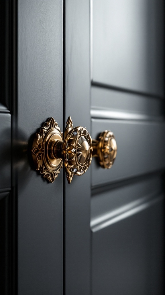 Close-up of ornate golden cabinet knobs on black cabinet doors.