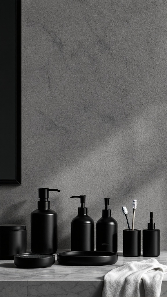 A collection of black bathroom accessories on a marble countertop against a gray wall.