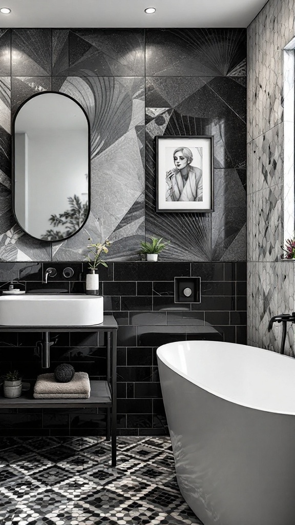 Black and grey bathroom with artistic accent wall, framed artwork, and modern fixtures.