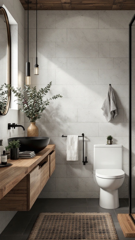 A modern bathroom featuring black fixtures paired with natural wood elements.