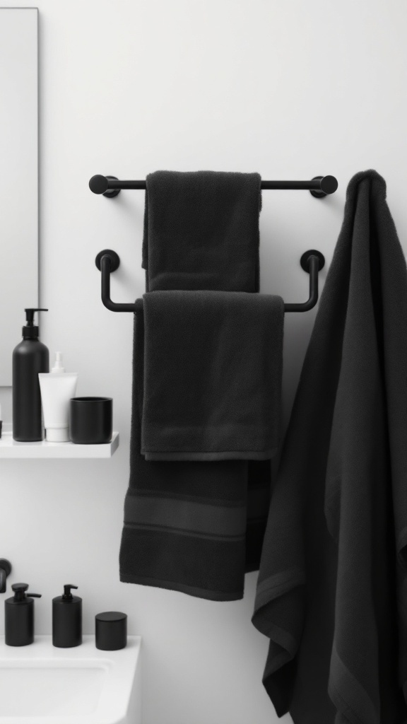 Bathroom with black towel bars and accessories featuring dark towels and black soap dispensers.