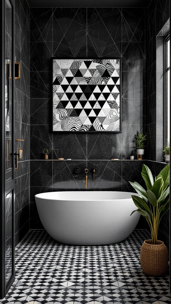 A modern black and grey bathroom featuring bold graphic patterns, a freestanding white bathtub, and a decorative plant.