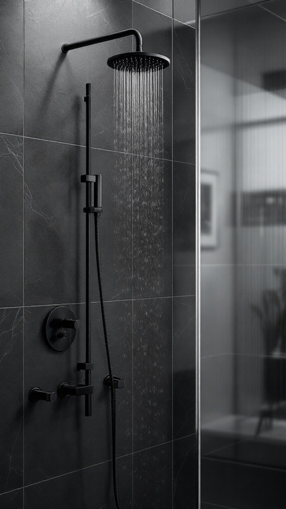 A modern shower with matte black fixtures against dark tiled walls.