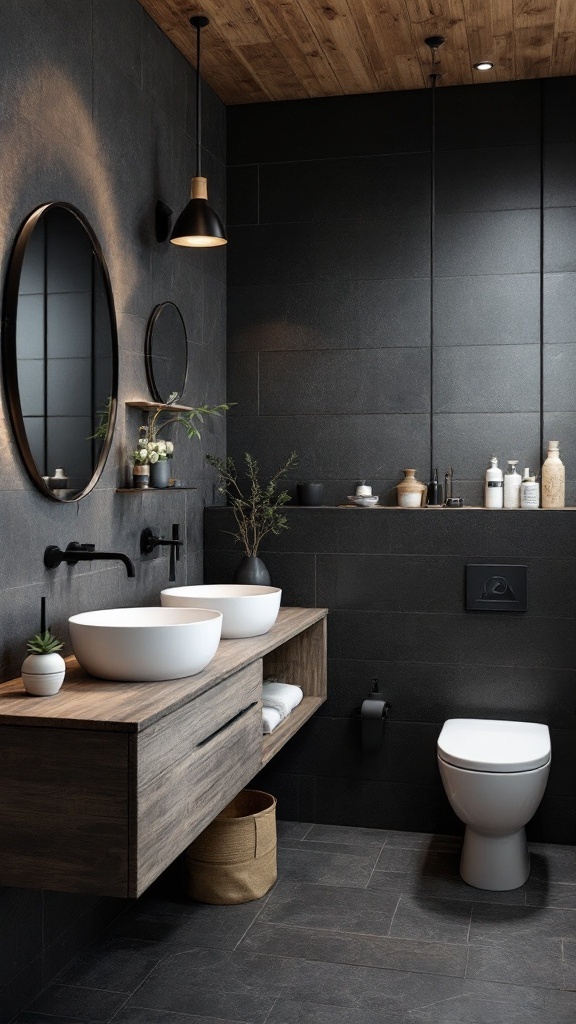 A contemporary rustic bathroom featuring black walls, wooden ceiling, round sinks, and stylish lighting.