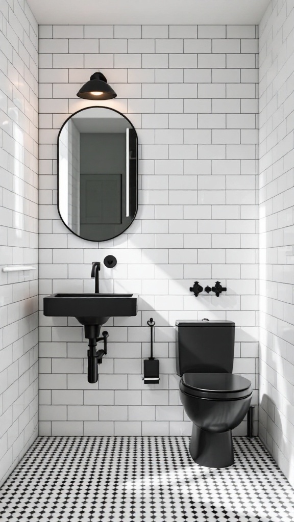 A modern bathroom featuring black fixtures, white subway tiles, and patterned black and white flooring.