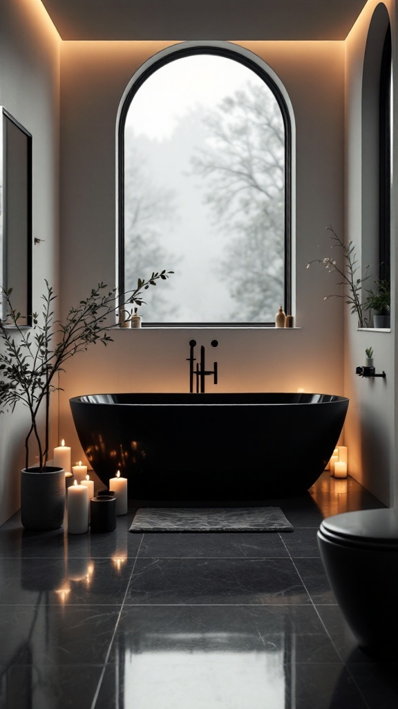 Elegant bathroom featuring a black bathtub surrounded by candles and plants, with a large arched window.