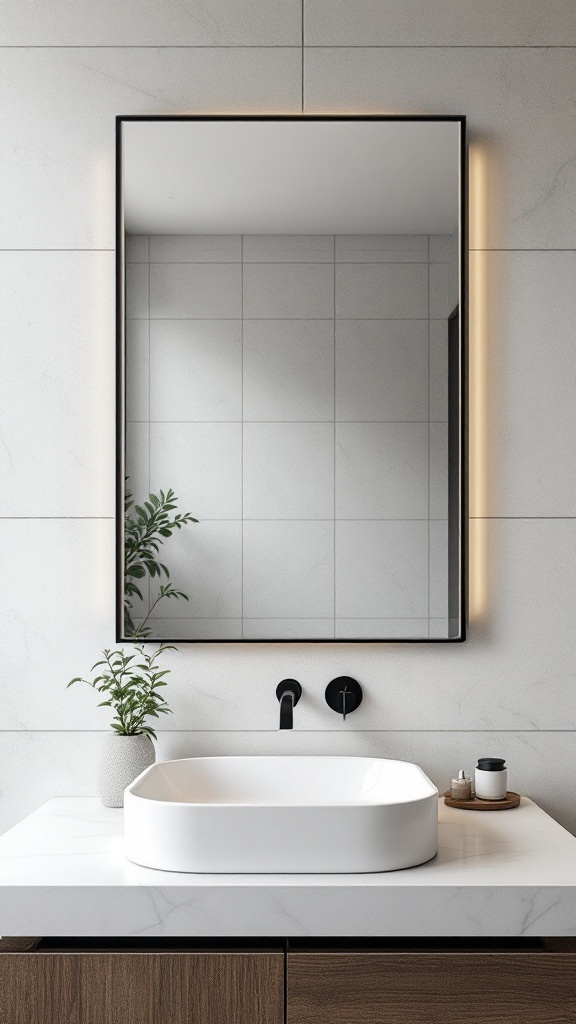 A bathroom featuring a frameless mirror with black edging, a white sink, and a small plant on a countertop.